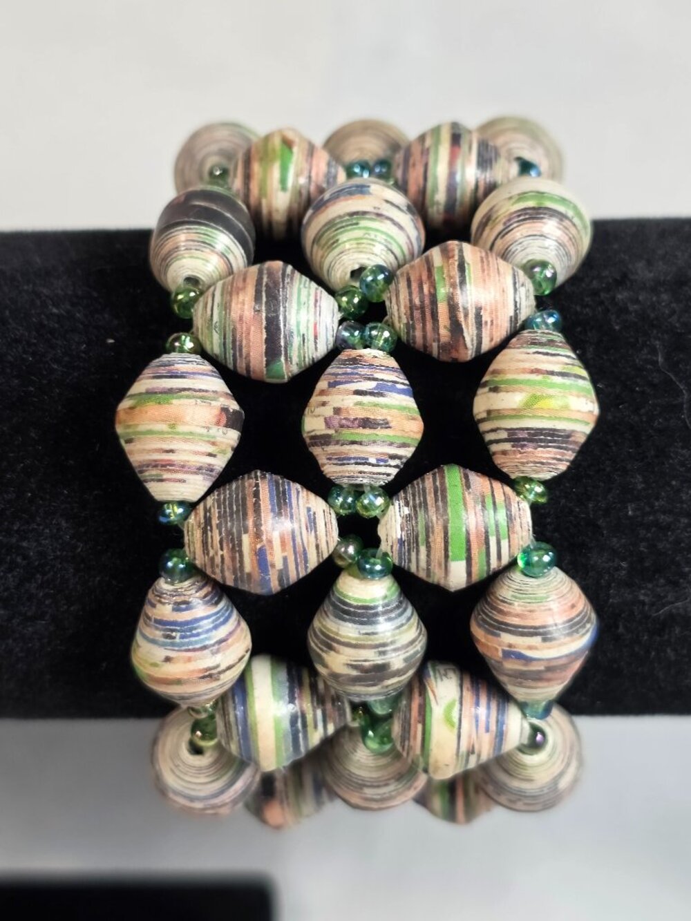 Vibrant Multi-Strand Cuff Bracelet Colorful Bicone Paper Beads Green Seed Beads